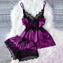 Women V-neck Lace Sexy Pajamas Bowknot Shorts Set Satin Silk Home Clothing Soft Fashion New Nightdress Purple Pink Red Blue #3 2024 - buy cheap