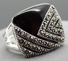 unsex 14*15mm Square Natural Black Natural Stone Marcasite 925 Sterling Silver Ring Size 7/8/9/10 2024 - buy cheap