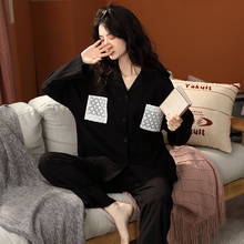 Black Color Women Autumn&Winter 100% Cotton Pajama Suit Long Sleeve Simple Soild Loose Home Suit Big Yards Pajamas Set XXXL 2024 - buy cheap