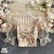 Gagaok-Blusa con cuello cuadrado para mujer, camisa corta con bordado Floral Vintage, ajustada, moda coreana elegante, salvaje, novedad de verano 2021 2024 - compra barato