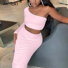 Articat One Shoulder Backless Two Piece Set For Women Skinny Solid Short Crop Top Skirt Ladies Sexy Bodycon Streerwear Women Set 2024 - buy cheap