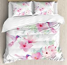 Hummingbirds Duvet Cover Set Tropical Flowers with Flying Hummingbirds Wild Nature Blooms Decorative 3 Piece Bedding Set 2024 - buy cheap