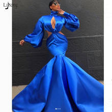 New Blue Satin Mermaid Evening Party Dresses Elegant Turtleneck Long Sleeve Zipper Back Women Sexy Evening Gowns Formal Dresses 2024 - buy cheap