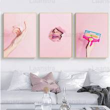 Pintura en lienzo de arte de pared de moda, póster rosa e impresión, juguete de labio de mano, cuadros de pared modernos, decoración de habitación de niña sin marco 2024 - compra barato