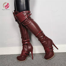 Original Intention Winter Wine Red Cross-tied Buckles Knee High Boots Woman High Platform Stiletto High Heels Sexy Winter Shoes 2024 - buy cheap