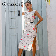 Glamaker Sleeveless letter printed with Shoulder pads midi dress Casual summer o-neck party club office ladies straight dress 2024 - buy cheap