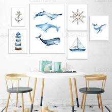 Pintura de decoración mediterráneo para bebé, póster de dibujos animados de arte de pared para guardería, ballena, barco, Faro, imagen impresa en lienzo, decoración nórdica para el hogar 2024 - compra barato