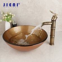 JIENI-Conjunto Combinado de lavabo de vidrio para baño, grifo mezclador de cascada de bambú ORB, color marrón, pintura a mano 2024 - compra barato