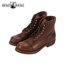 High Quality Vintage Mens Genuine Leather Motorcycle Boots Fashion Lace Up Round Toe Winter Warm Male Ankle Boots Cargo Shoes 2024 - buy cheap