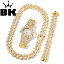 Conjunto de collar, pulsera y reloj con cadena cubana de cristal IcedOut de 2cm, Color dorado, Hip Hop, el rey del HIP HOP, superventas 2024 - compra barato