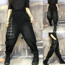 Женские свободные джинсы, черные винтажные клетчатые шаровары в стиле пэчворк с эластичным поясом, модель V60 в декоративном стиле на весну-осень, 2021 2024 - купить недорого