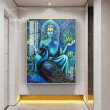 Grande tamanho azul budda e pavão hd pintura a óleo da lona para decoração de casa quadros da arte parede sala estar quadro cartazes 2024 - compre barato