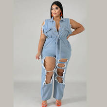 Women Plus Size Jumpsuits Turn Down Collar Sleeveless England Denim Jumpsuit Hole Blue Belt Jumpsuits Wholesale Dropshipping 2024 - buy cheap