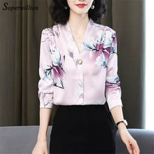 Fashion Print Flower Woman Shirts Long Sleeve Stripe Silk Ladies Blouse Autumn Spring Female Tops V Neck Plus Size M-3XL 2024 - buy cheap