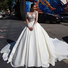 Long Sleeve Satin Wedding Dresses Robe De Mariee Pearls Appliques Flowers See Through Ball Gowns Abendkleider 2024 - buy cheap