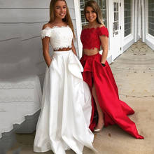 Two Pieces Prom Dresses Boat Neck Appliques Satin Lace Top Short Sleeves Evening Gown Custom Made Party Dress for Graduation 2024 - buy cheap