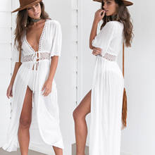 Vestido de praia longo feminino plus size, túnica e decote v branco, 3xg, roupa de banho, moda praia 2024 - compre barato