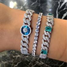 Cadena de eslabones cubanos de hielo para mujer, conjunto de joyería 5A CZ, pulsera cubana, collar y gargantilla, amuleto de mal de ojo esmaltado azul de la suerte 2024 - compra barato