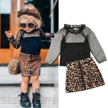 Moda da criança dos miúdos da menina do bebê roupas infantis rendas malha chiffon camiseta topos leopardo saia outfit 2pcs meninas conjunto de roupas 2024 - compre barato