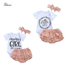 3Pcs Sweet Baby Girls Outfit Summer Short Sleeve Round Collar Letter Romper + Multi-layer Solid Color Shorts + Bow Headwear Set 2024 - buy cheap