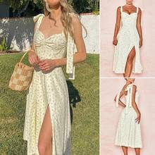 Women Summer Sleeveless Tie Bowknot Belt Elegant Midi Dress Casual Sexy Side Split Floral Dress Yellow 2024 - buy cheap