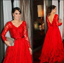 Red Formal Celebrity Dresses A-line V-neck Long Sleeves Appliques Lace Backless Long Evening Dresses Red Carpet Dresses 2024 - buy cheap