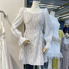 Ins vestido de verão feminino, vestido casual de malha com estampa floral, vestido de festa de renda vintage francesa de manga comprida 2024 - compre barato