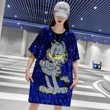 Plus Size Loose Slim Sequined Anime Pattern Short Sleeve O-Neck Straight Solid Color Blue Fashion Summer T Shirt Dress 9796 2024 - buy cheap