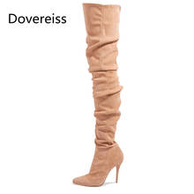 Dovereiss moda feminina sapatos de inverno camurça apontou dedo do pé saltos stilettos elegante zíper sobre o joelho botas novo tamanho grande 47 48 2024 - compre barato