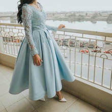 Light Blue Short Prom Dress With Illusion Long Sleeves 2020 Midi Formal Evening Dress Cheap Arabic Party Gowns 2024 - buy cheap