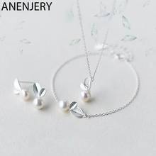 ANENJERY S925 Stamp Silver Color Jewelry Sets  Bud Leaf Pearl Necklace+Earrings+Bracelet For Women Korean Jewelry 2024 - купить недорого