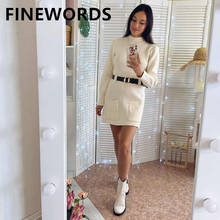 FINEWORDS Vintage Korean Beige Knitted Winter Dress With Belt Casual Chirstmas Long Sleeve Dress O Neck Sexy Mini Sweater Dress 2024 - buy cheap