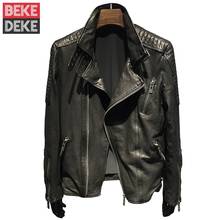 Jaqueta de couro motoqueiro, jaqueta de couro natural da moda com zíper, casaco com colarinho, bolsos, sólido, preta, curta, real 2024 - compre barato