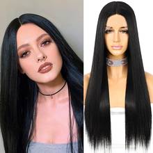 Synthetic Wig Futura Fiber T-part Lace Long Straight Black Color for Women Daily Use High Temperature Cosplay 2024 - buy cheap