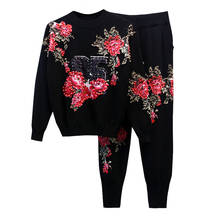 2020 Autumn Fashion Two Piece Set Women Beaded Flowers O-Neck Long Sleeve Knitting Sweater + Little Feet Pants Suit Ladies H749 2024 - buy cheap