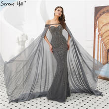 Vestido de festa sereia cinza sem mangas, com capa, noite, luxuoso, com diamantes, formal, cla624a, 2020 2024 - compre barato