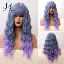 La Sylphide-Peluca de pelo sintético para mujer, pelo largo con flequillo, color gris, azul, ombré, púrpura, resistente al calor, para Cosplay 2024 - compra barato