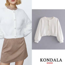 KONDALA Women Cardigans Za Office Lady Korean Fashion Solid Whie Wool Sweaters  Lantern Sleeve Winter Thick Outwear Mujer 2024 - buy cheap