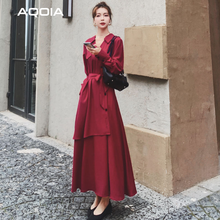 Платье женское длинное на пуговицах, винтажное шифоновое вечервечерние с V-образным вырезом и длинным рукавом, с поясом, в стиле Хепберн, красное, весна 2021 2024 - купить недорого