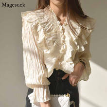 2021 Autumn Puffed Sleeve Women Shirts Korean Ruffles V-neck Cardigan Womens Blouses Solid Pleated Blouses Women Casual 10573 2024 - buy cheap