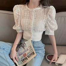 Lace Hollow Out White Shirt Women Summer 2022Tops Puff Sleeve Korean Sexy Blouses Woman New Fashion Solid Button Shirts 13607 2024 - buy cheap