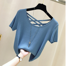 New Korean version O collar Backless Ice silk sweater sweater women's  thin pullover 2021 summer Short sleeve sweater 2024 - buy cheap