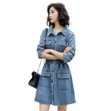 Spring Autumn Denim Dress Women Long-Sleeved 2021New Waist Thin A-Line Vestidos Pearl Edge Single-Breasted Jeans Dress Ladies474 2024 - buy cheap