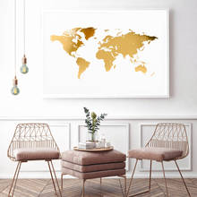 Mapa dourado decoração escritório moderno mapa do mundo dourado pintura tela para sala de estar parede casa arte imagem 2024 - compre barato