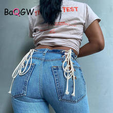 BaQGW Casual Lace Up Autum Jeans Women Blue High Waist Long Trousers Sexy Hollow Out Denim Patchwork Straight Pants Streetwear 2024 - compre barato