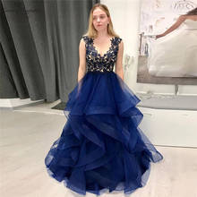 Navy Blue Prom Dresses 2020 Lace Appliques Ruffles Button Back Illusion Long Evening Dress Formal Gowns Vestidos De Festa 2024 - compre barato