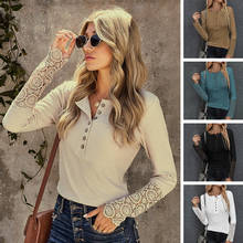 Camisas con botones Henley para mujer, Jersey de punto acanalado con estilo, de encaje de ganchillo, Tops ajustados, Túnica informal de manga larga, primavera y otoño 2024 - compra barato