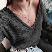 Women Solid Color Loose Knitted Sweater Deep V Neck Casual Long Sleeve Jumper Pullover Autumn Winter 2024 - buy cheap