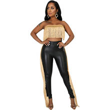 Women Tracksuit Sexy Two Piece Set Off Shoulder Tassel Crop Top And Pu Pants Elegant Matching Sets Outfits Clothing Plus Size 2024 - buy cheap