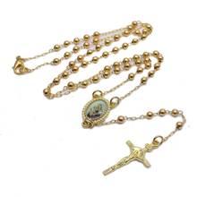 QIGO Small Copper Beads Gold Cross Rosary Necklace Long Religious Jewelry 2024 - buy cheap